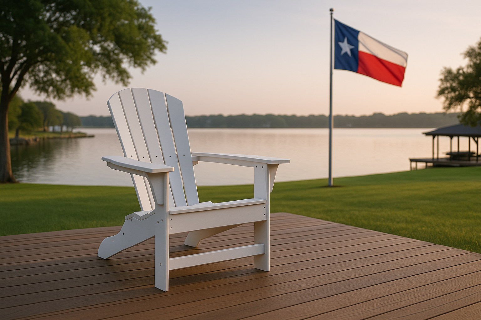 White Adirondack chair made from Performance Poly positioned outdoors with a Texas flag in the background.